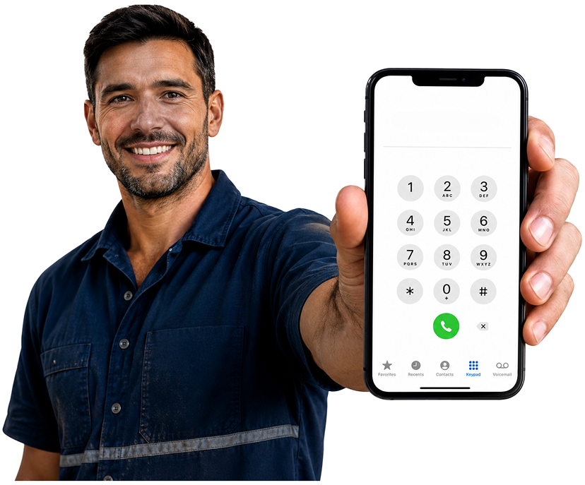 Arcadia Blocked Drains plumber holding a phone — call 1300 261 965