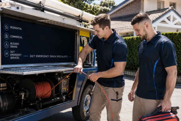 Two plumbers working on a blocked drain in Arcadia