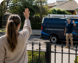Customer waving goodbye to a Arcadia Blocked Drains plumber